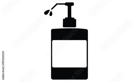 Minimalist hand sanitizer bottle icon with pump, black and white vector illustration of hygiene concept