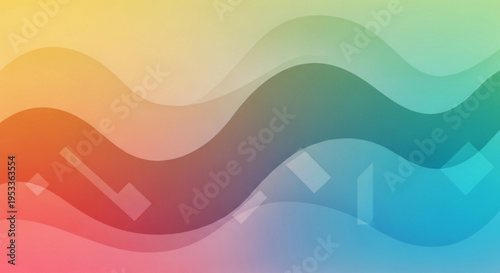 A colorful vector graphic featuring wavy lines and geometric shapes in a rainbow of hues