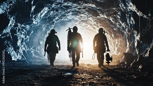 Three explorers in an icy cave tunnel