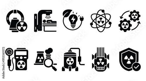 Nuclear energy and radiation safety icons set for industrial physics
