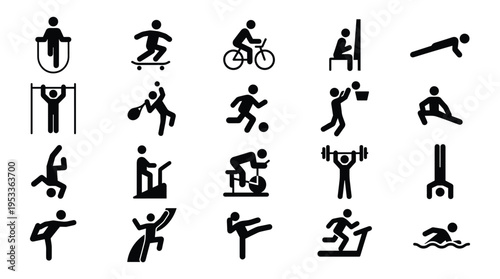 Set of sports and recreation vector icons, contains jumping rope and weights