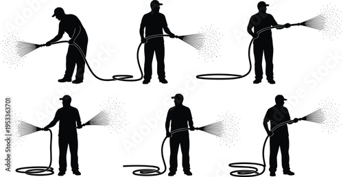 Worker spraying water with hose silhouettes, cleaning service concept, gardening irrigation activity, maintenance job illustration, black vector isolated set design
