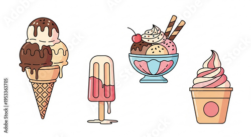A colorful vector illustration of various ice cream treats including cones, sundaes, and popsicles.