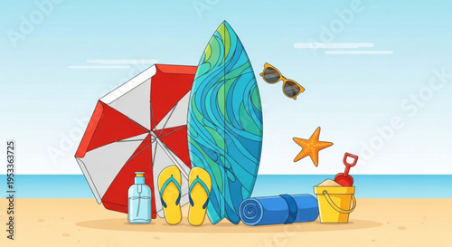 A colorful vector illustration of beach essentials on a sandy shore