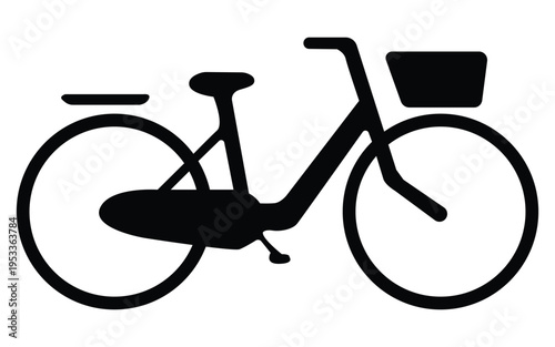 Minimalist bicycle icon with basket, black and white vector illustration of transportation and commuting