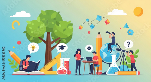 A colorful vector illustration of students learning and exploring various subjects in a fun and creative way
