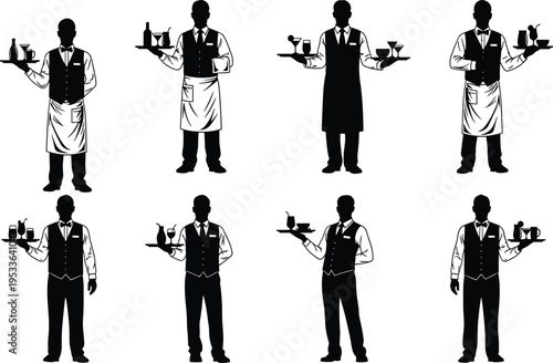 Collection of professional waiter silhouettes wearing formal vests and aprons carrying trays with drinks and food for restaurant service industry