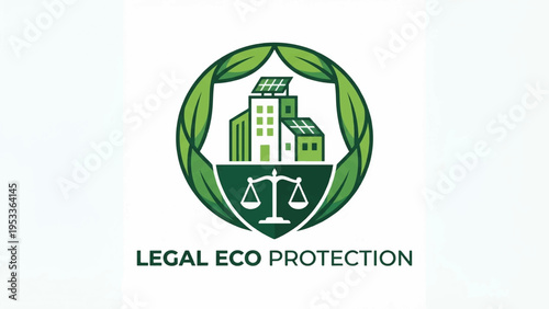 Eco friendly legal protection logo with green laurel wreath and scales of justice symbolizing environmental law and sustainability