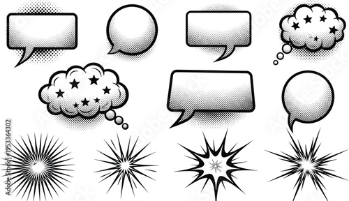 Comic speech and thought bubble illustration set with halftone shading, starburst explosions, clouds, and dynamic shapes, perfect for graphic novels and storytelling.