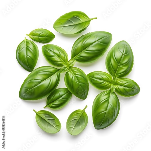 Fresh Green Basil Leaves Arranged in a Circular Pattern on a White Background.