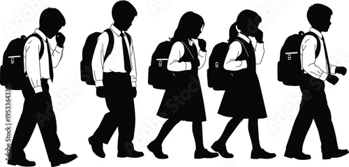 Group of elementary school students in uniforms with backpacks walking in line silhouette isolated on white background for educational concept.