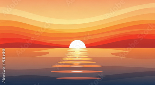 A vibrant vector graphic illustration of a serene sunset over a peaceful ocean