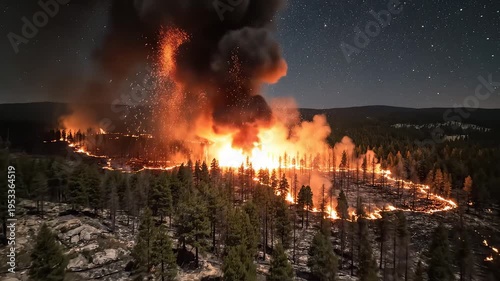 Nighttime forest fire with smoke and stars