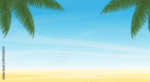 A serene tropical background with palm trees against a bright blue and yellow sky