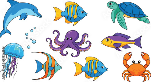 Colorful Marine Animals Vector Set with Dolphin Fish Octopus Turtle Jellyfish Crab and Tropical Sea Creatures Collection Isolated on White Background