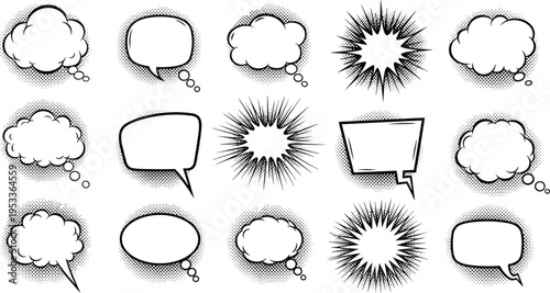 Comic speech and thought bubble illustration set with halftone shading, starburst, cloud, oval, rectangular, and heart designs, perfect for storytelling projects.