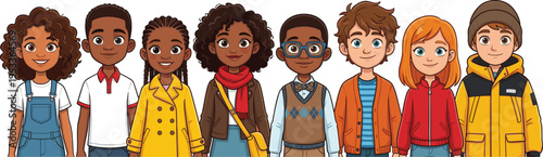 Diverse group of happy multicultural children and elementary students standing together in colorful autumn winter clothes, cartoon vector illustration