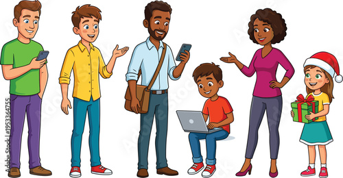Diverse group of multiracial people and children using smartphones and laptops while celebrating Christmas with gifts and joy