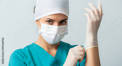 Female healthcare worker in teal scrubs wearing a white surgical cap and mask putting on gloves