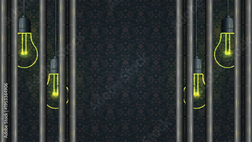 Premium Industrial Stage Background with Glowing Neon Light Bulbs and Dark Damask Pattern