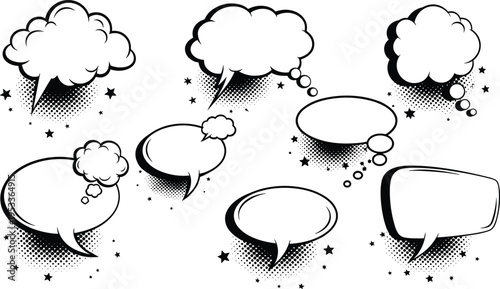 Comic speech and thought bubble illustration set with halftone shading, stars, clouds,