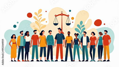 Diverse group of people standing together in harmony with a scale and plants in the background symbolizing balance and unity in a colorful illustration