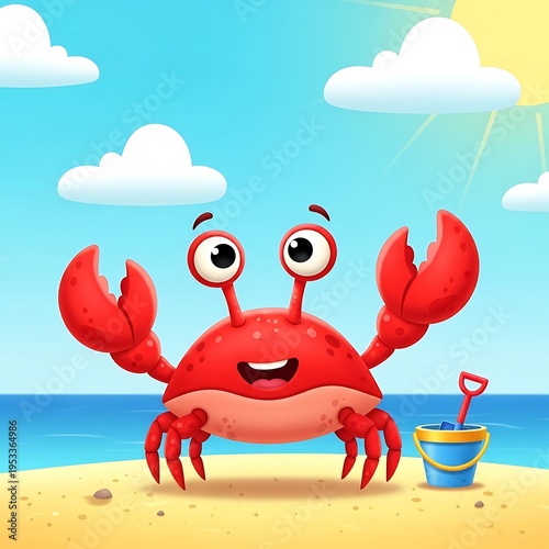 Happy Red Crab on a Sunny Beach with Sand Bucket and Shovel.