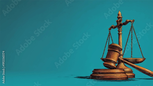 Law and justice concept with wooden gavel and scales on a teal background symbolizing fairness and judgment in a courtroom setting with a sense of authority and balance