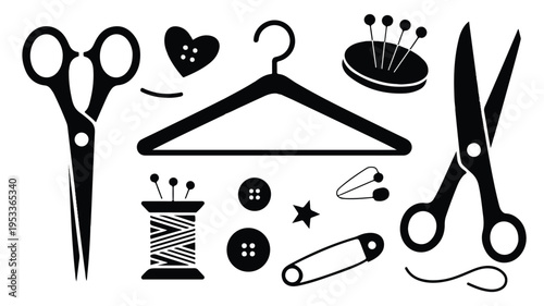 An illustration shows various sewing tools and accessories arranged neatly.