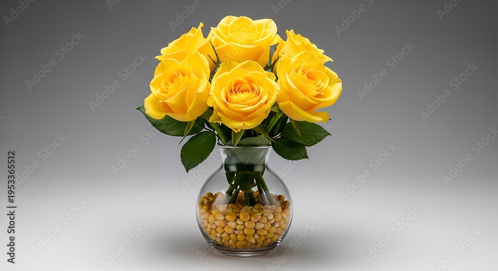 Fototapeta premium A vibrant bouquet of fresh yellow roses, artfully arranged in a clear glass vase filled with yellow