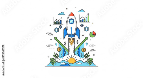 A colorful vector graphic illustration of a rocket ship launching upwards with various business and finance symbols surrounding it.