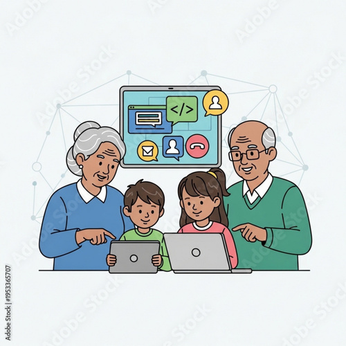 Grandparents teaching tech skills to grandchildren