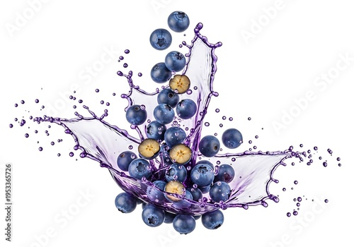 Fresh blueberries with vibrant purple juice splash on a clean white background.