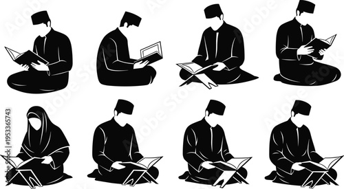 Set of Muslim People Silhouettes Reading Holy Quran Book While Sitting for Islamic Prayer Education and Ramadan Kareem Celebration Design