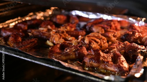 A man checks the readiness of chicken wings with a fork in the oven. The process of checking meat for readiness using a fork, baked chicken wings with onions on a baking sheet in a preheated oven