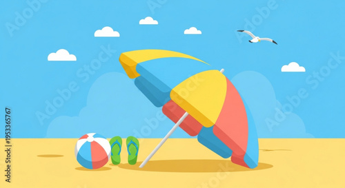 A colorful beach scene with a vibrant umbrella, beach ball, and flip flops on a sunny day