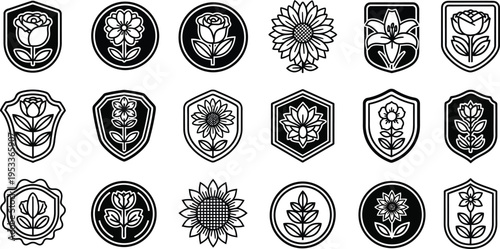 Black and white floral emblems and shields