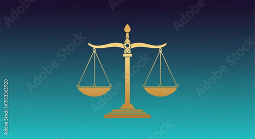 Golden scales of justice on a gradient blue background symbolizing balance and fairness in law and equality