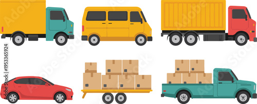 Variety of vehicles including trucks vans container truck sedan and pickup truck carrying boxes isolated on transparent background