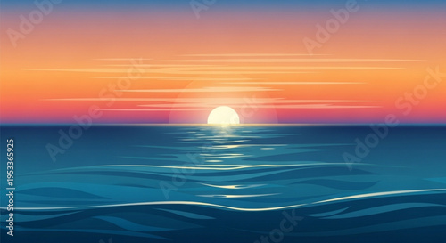 A serene ocean sunset with vibrant colors and gentle waves in a peaceful atmosphere