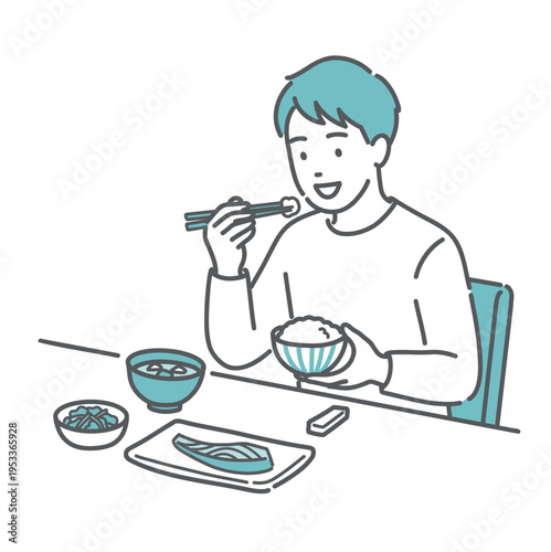 バランスの良い食事（和食）をとる男性のイラスト