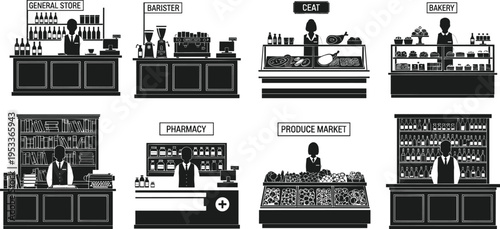 Set of retro shop silhouettes featuring general store, barista, bakery, pharmacy, produce market, bookstore, and wine cellar for retail design.
