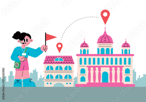 Vector illustration of a female tour guide standing in front of city buildings with location pins. Flat character design for travel agency tourism and sightseeing services.