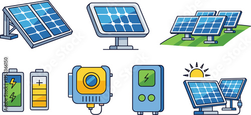Solar Energy System Vector Icon Set with Panels Battery Storage Inverter Charging Power Supply and Renewable Electricity Technology Elements Isolated on White Background