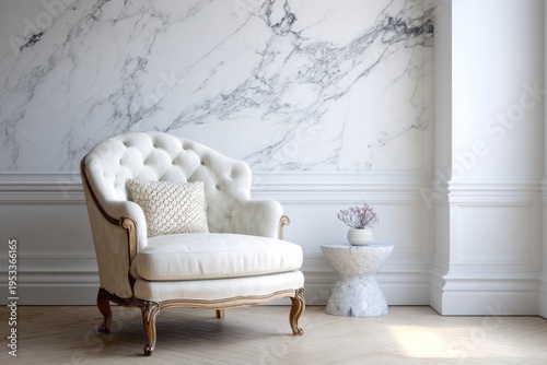 Luxurious armchair in an elegant room with marble wall.