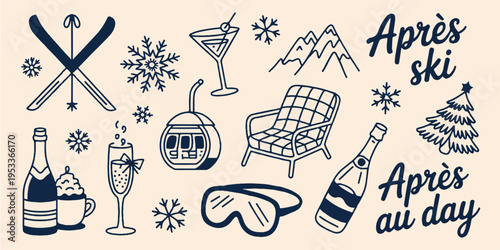 Illustration depicts ski resort relaxation with various winter sports equipment and drinks