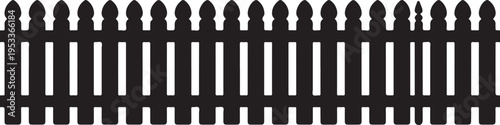 Black silhouette of a long picket fence isolated on a transparent checkered background representing boundary and security element
