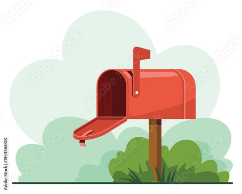 Red rural mailbox with open flap for receiving mail and packages situated by green bush and soft clouds for communication theme