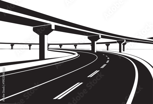Elevated highway infrastructure curving through cityscape with concrete support pillars and asphalt road for commuting