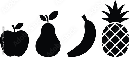Minimalist black and white fruit vector icon set featuring a stylized apple pear banana and pineapple isolated on a clean white background for healthy designs